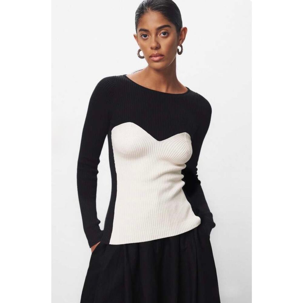 Mara Hoffman Scarlet Sweater M Ivory Black Colorblock Ribbed Knit Boatneck Top
